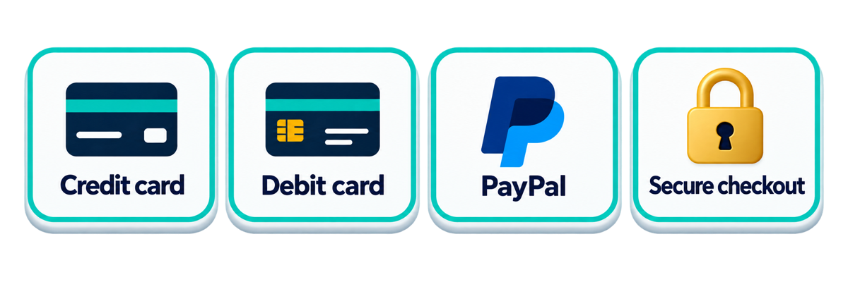 Credit card, debit card, PayPal, secure checkout